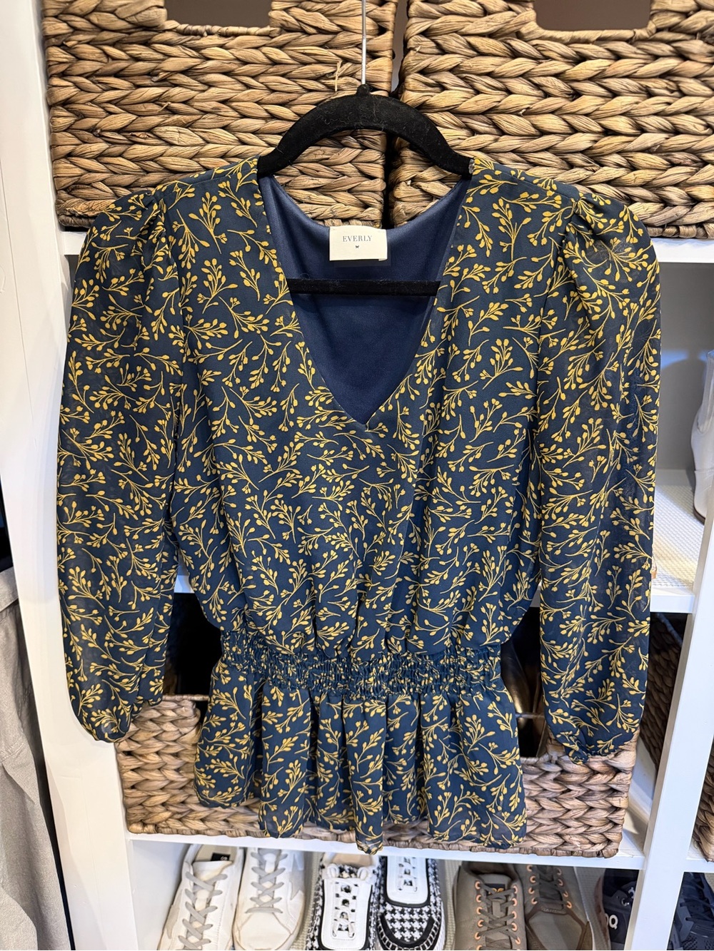 Everly Navy Blouse with Mustard Botanical Print